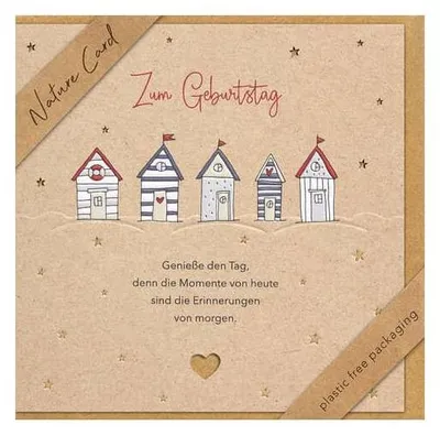 Produktbild von Geburtstagskarte, quadratisch, Strandhäuschen-Motiv, beige, plastikfreie Verpackung