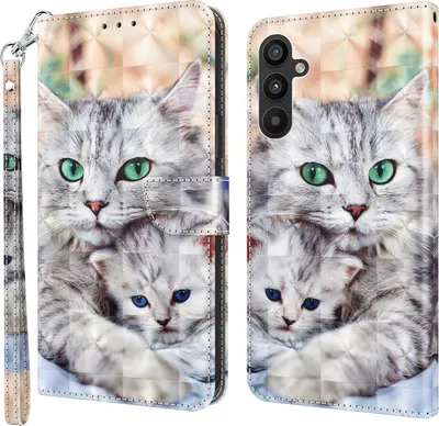 Produktbild von CLM-Tech Hülle kompatibel mit Samsung Galaxy A34 5G - Tasche aus Kunstleder - Klapphülle mit Ständer und Kartenfächern, Katze und Kätzchen