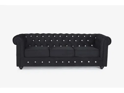 Produktbild von CHESTERFIELD 3-Sitzer-Sofa aus schwarzem Velours mit Kristallknöpfen
