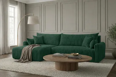 Image de Canapé d'angle Kaiser Möbel avec fonction convertible, revêtement en tissu corduroy, couleur vert, côté gauche, style japonais