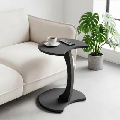 Produktbild von Beistelltisch C-Form Mond, Anthrazit, Sofatisch mit Rollen, Couchtisch rund Marmoroptik, Laptoptisch Couch, 56 x 45 x 35 cm (Anthrazit, C-Form Mond)