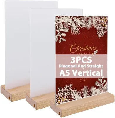 Productafbeelding van Dailygoods - 3 Stuks A5 Acryl Tafelstandaard met Houten Voet - Dubbelzijdige Schildhouder