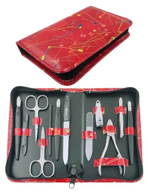 Produktbild von Maniküre Pediküre Set 12-teilig – Nagelpflege Set für Damen & Herren mit 5 Solingen Qualitätsinstrumenten, Kunstleder Etui Kroko –  Germany Rot