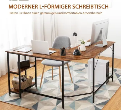 Obrázek produktu pro Stůl do domácí kanceláře ve tvaru L se 2 policemi 138 x 138 x 75,5 cm kávově hnědá + černá