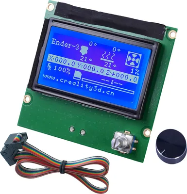 A 3D printer LCD display screen with a control knob and connecting cable.