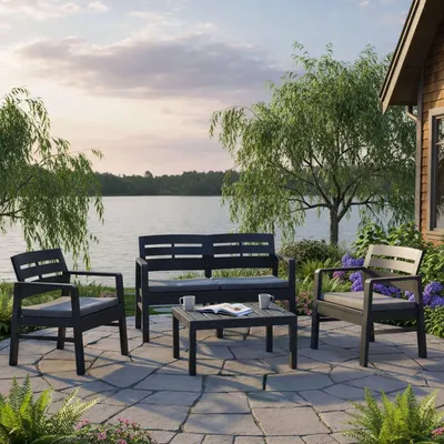 Produktbild von Outdoor-Lounge-Set Dgyas, Gartengarnitur mit 2 Sesseln, 1 Sofa und 1 Couchtisch, Innen- und Außensitzgruppe mit Kissen, 100 % Italy, Anthrazit