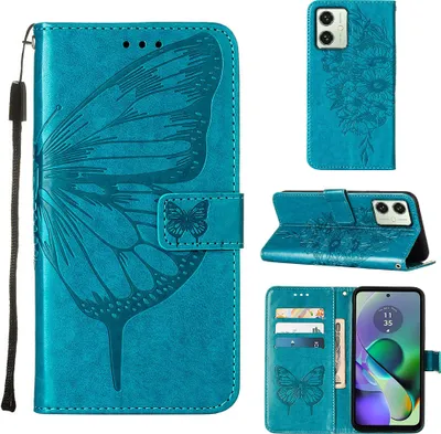 Produktbild von Lederhülle für Motorola Moto G54 Schmetterling Prägung Flip Ledertasche Kartenfächer Handyhülle mit Ständer Blau