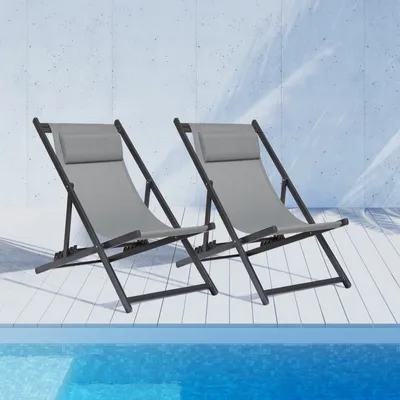 Produktbild von Mondeer 2er Set Sonnenliegen Gartenliege klappbar mit verstellbarer Kopfstütze Dunkelgrau