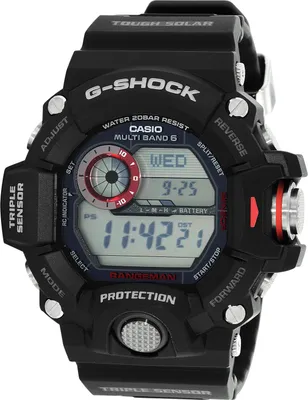 A black G-Shock watch with a digital display and various buttons.