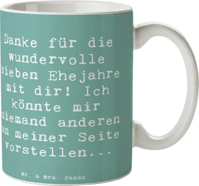 Produktbild von Mr. & Mrs. Panda Kaffeebecher Spruch 7. Hochzeitstag Kupferhochzeit - Meeresbrise - Geschenk, romantische Geschenke, Liebe und Zusammenhalt, Keramiktasse, Kaffeetasse
