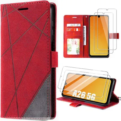 Image de Coque + 2 Verres Trempés pour Samsung Galaxy A26 5G, Protection Intégrale Cuir Synthétique Antichoc - Rouge