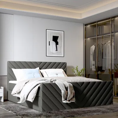 Produktbild von Emoebel24 Polsterbett 200x200 cm mit Stauraum – Modernes Designerbett mit Samtbezug & hohem Kopfteil – Grau Schlafzimmermöbel SATURN, KI-generiertes Bild
