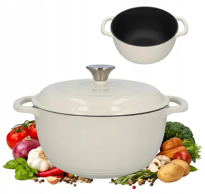 Obrázok produktu pre Liatinový hrniec s pokrievkou, objem 5,8 litra, farba béžová (ECRU), s emailovaným povrchom, vhodný na indukčné a plynové sporáky