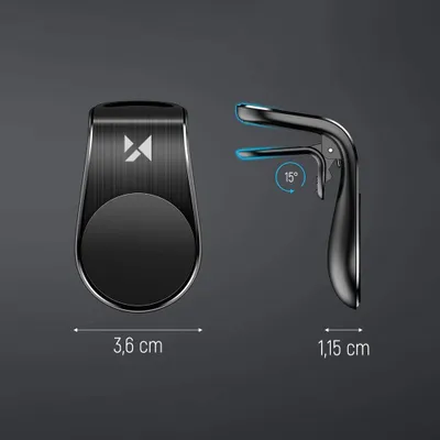 Two views of a black magnetic car phone holder against a dark gray background. One view shows the front of the holder with a circular magnetic surface and a logo. The other view shows the side of the holder, highlighting its clip mechanism and a 15-degree 