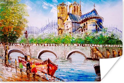 Produktbild von MuchoWow® Poster Gemälde - Paris - Boot - Brücke 120x80 cm - Bilder