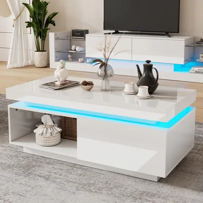 Obrázok produktu pre Konferenčný stolík, vysoký lesk, LED osvetlenie, rozmer 100x50x40,3 cm, zásuvka, nosnosť 50 kg