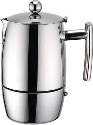 A stainless steel stovetop espresso maker.