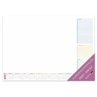Produktbild von PuK Schreibtischunterlage mit Kalender 2027 bunt | DIN A2 | 25 Blatt zum Abreißen mit praktischen Listen | Kalender 2027