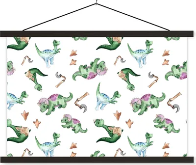 Produktbild von MuchoWow® Textilposter Dinosaurier - Muster - Kinderzimmer - Jungen - Mädchen - Kinder 150x100 cm mit schwarzem Rahmen - Schlafzimmer