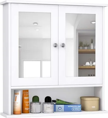 Image de Meuble de salle de bains avec miroir à double réflexion, commode en bois avec miroir et 3 tiroirs, meuble de salle de bains moderne avec étagères réglables, 56 x 13 x 58 cm, blanc