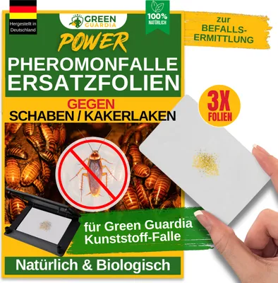 Produktbild von Green Guardia Ersatzklebeflächen mit Pheromon-Lockstoff-3x Fallen- Nachfüll-Set für Kunststoff-Fallen, Kakerlaken Klebefalle, Natürlich & Wirksam