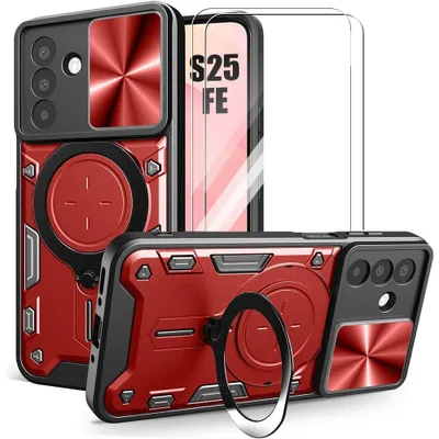 Image de Coque + 2 Verres Trempés pour Samsung Galaxy S25 FE, avec Anneau et Protection Objectif Coulissante - Rouge