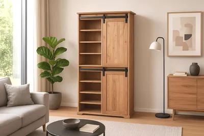 Produktbild von Highboard 80 x 45 x 175 cm Akazienholz massiv naturfarben ohne Baumkante LIANO 3