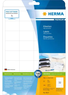 Obrázok produktu pre HERMA Premium - papier - matný - permanentne samolepiaci - biely - 48,3 x 33,8 mm 320 štítkov (10 listov x 32) laminované adresné štítky