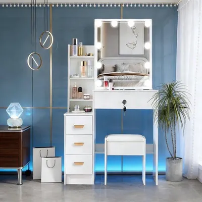 Image de Table de toilette avec miroir et tabouret - Éclairage LED dimmable - 4 tiroirs - Blanc