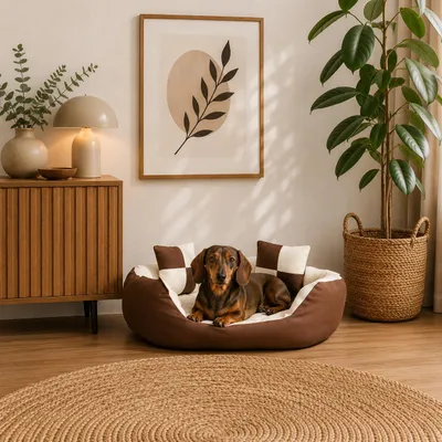 Produktbild von belviona 4-in-1 Hundebett, Hundekörbchen mit Wendekissen, wasserabweisend, tiefer Einstieg & 2 Spielkissen, 65x50 cm, braun/beige