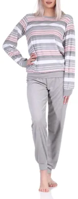 Produktbild von Eleganter Damen Frottee Pyjama langarm Schlafanzug mit Bündchen in Streifenoptik - 212 840 ; grau , 36