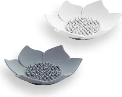 Produktbild von 2-teilige Seifenschale mit Abfluss, Seifenschale für die Küche, Seifenschale für die Dusche, Seifenschale mit Blütenblatt (weiß und grau)