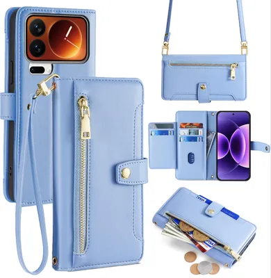 Produktbild von Handykette für Xiaomi 17 Pro Max Hülle mit Band Handyhülle Kartenfächer Kunstleder Umhängetasche in Hellblau