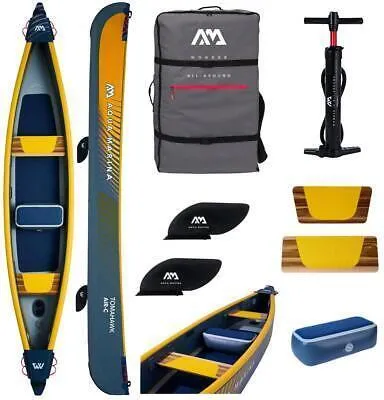 A collage of images showing an inflatable kayak and its accessories.