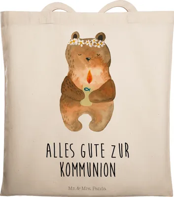 Produktbild von Mr. & Mrs. Panda Tote Bag Bär Kommunion - Transparent - Geschenk, Katholisch, Unitasche, Einkaufstasche, Taufkerze, Tasche, Laptoptasche, Gottes Segen, Jutebeutel, Teddy