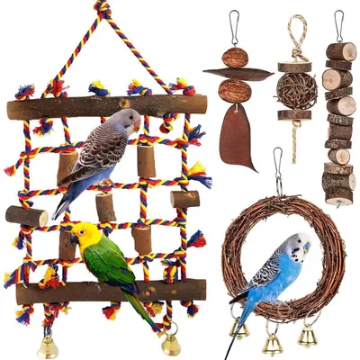 Produktbild von Vogelspielzeug Kletternetz mit 4 Kauspielzeugen aus Baumwolle und Holz 53x25cm