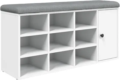 Imagen del producto de Zapatero blanco con cojín para sentarse, 102x32x50 cm. Banco con asiento tapizado, ideal para recibidor o vestíbulo, con espacio de almacenamiento para zapatos. Banco moderno para pasillo