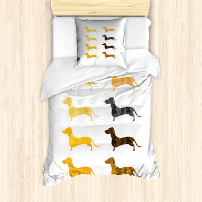 Produktbild von ABAKUHAUS Dackel Mantele, Vintage Silhouetten, Milbensicher Allergiker geeignet mit Kissenbezügen, 135 cm x 200 cm - 80 x 80 cm, Marigold Schwarz Orange