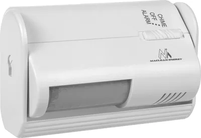 A white electronic device with a sensor and a switch is shown against a white background.