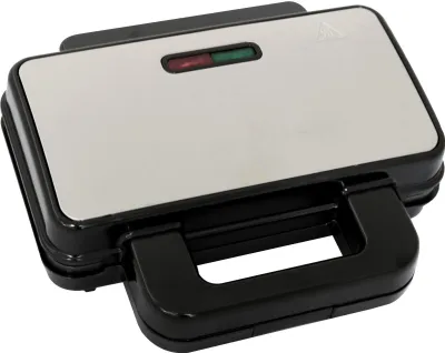 A closed waffle maker on a white background.