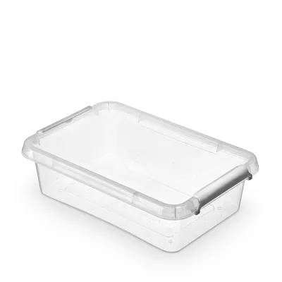 A clear, studio shot of a transparent plastic storage container against a white background.