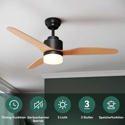 Image de SONNI Ventilateur de plafond avec éclairage Led et minuterie Télécommande 119 cm noir bois 3 pales