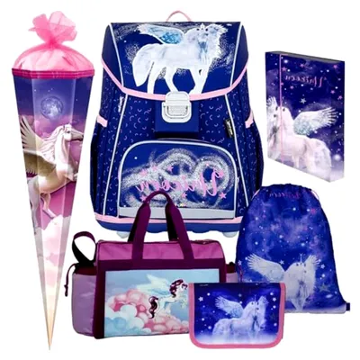 Produktbild von Oxybag Schulranzen Mädchen 1.Klasse Unicorn Einhorn Premium Schulranzen-Set 6tlg. mit Sporttasche, Schultüte, Heftbox