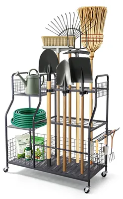 Produktbild von VEVOR Gartengeräte Ständer 1050x435x1005mm Gerätehalter mit Rollen Schwarz, Aufbewahrungsregal für Garage Schuppen Garten, Stahl-Organizer für Besen, mit 3 Ablagefächern Haken & Doppelschichtschlitzen