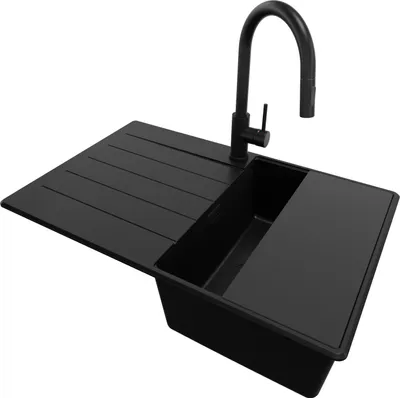 Produktbild von PRIMAGRAN Granitspüle Alles Schwarz 78x50cm, Spülbecken 1 Becken + Ablauf-Set + Küchenzubehörset, Küchenspüle ab 45er Unterschrank - Kopenhagen