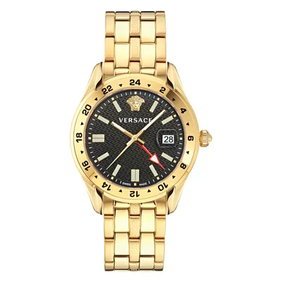 A close-up studio shot of a gold Versace watch with a black dial.