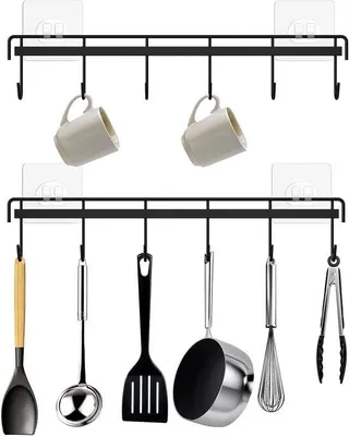 Immagine prodotto di Set di 2 ganci da cucina - Ganci da cucina con 6 ganci - Ganci per utensili da cucina senza foratura - Cucina - Bagno - Nero