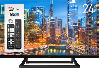 A television screen displaying a cityscape at night, with a product information overlay on the left side.