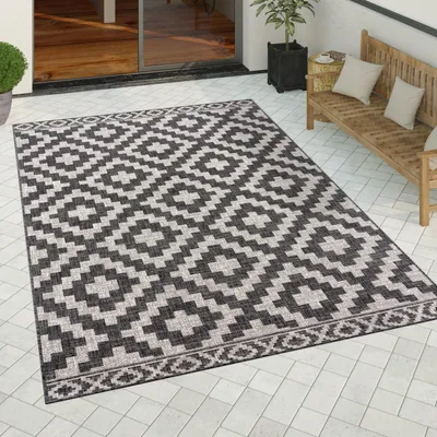 Produktbild von Outdoor Teppich wetterfest Boho Skandi Motiv Rauten robust Balkon Terrasse Küche Grösse 80x250 cm