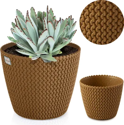 A succulent plant in a brown knitted-look pot, with a close-up of the pot's texture and a smaller pot shown separately.